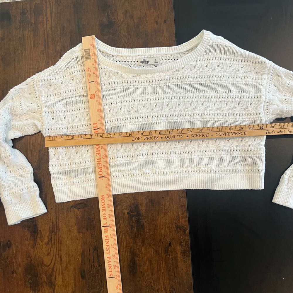 Hollister Womens White Pointelle Knit Cropped Sweater Scoop Neck Cotton Small - Picture 5 of 8